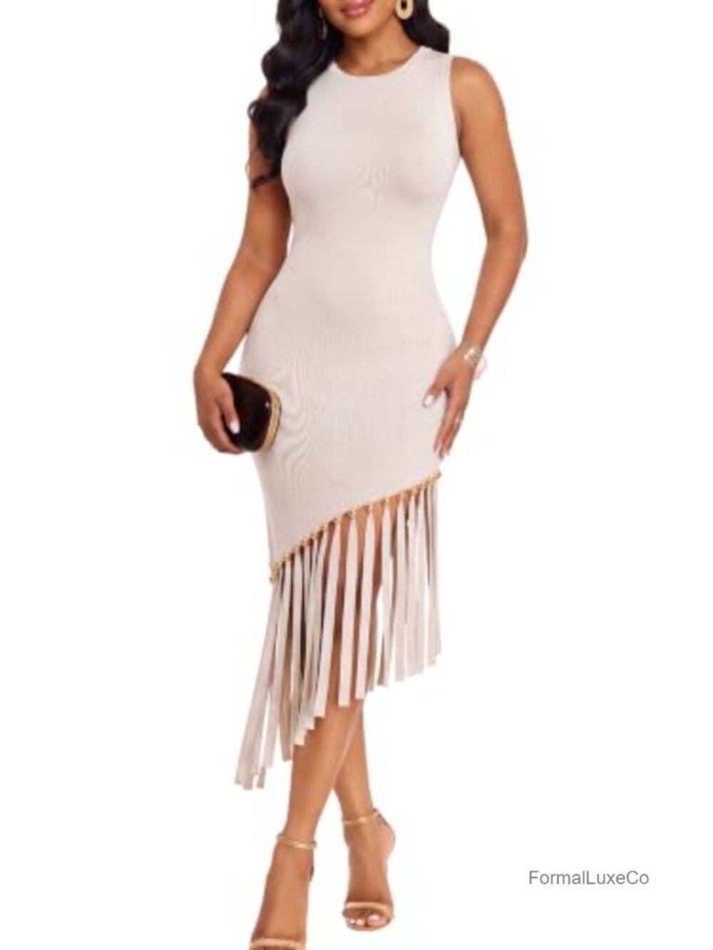 Women Knit Bodycon Midi Dress Sleeveless Fringe Hem Cocktail Party